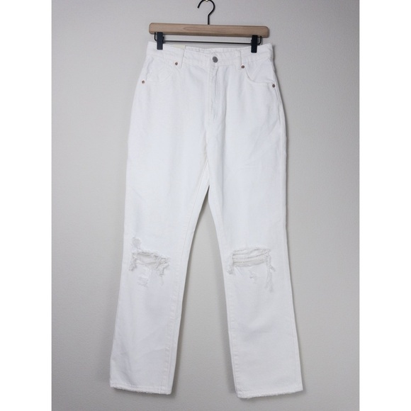 NWT Rollas Original High Rise Straight Jean 28 Layla White Distressed Knee Rip - Picture 5 of 12